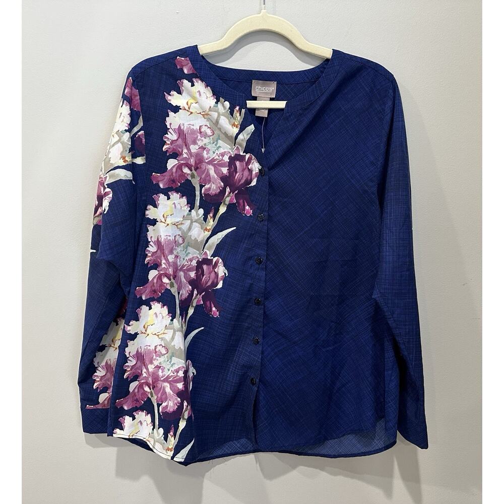 Chico's Drama Floral Button Front Top Size Large Blue Pink Long‎ Sleeve NEW